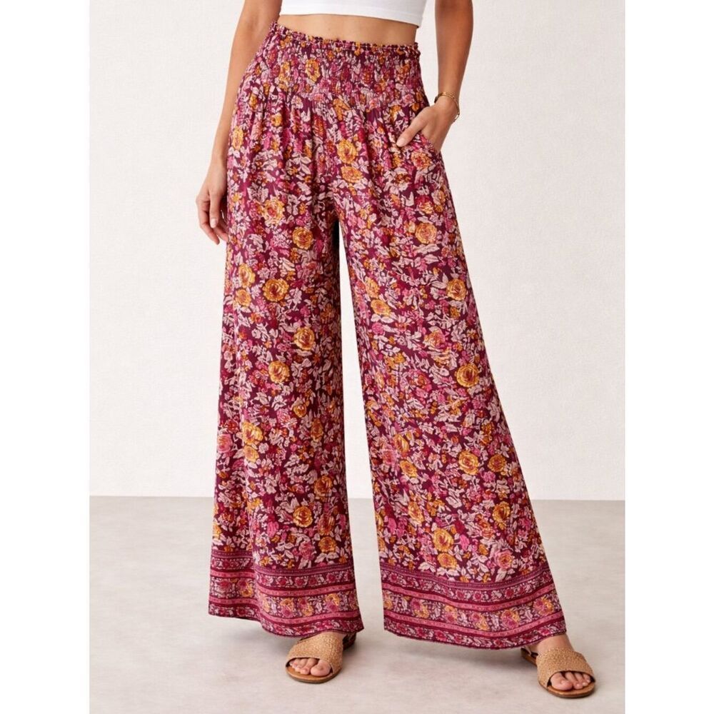 Bali Queen OS Boho Floral Wide Leg Palazzo Pants Smocked Waist Festival